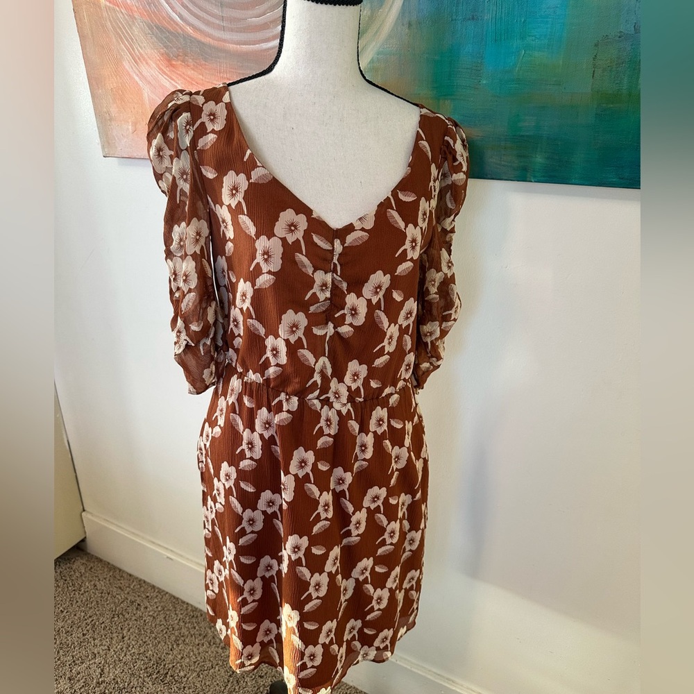 Madewell Broadway & Broome Silk Floral Brown and Cream Mini Dress Ruching 4